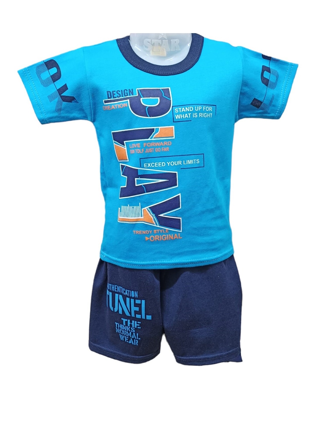

CELEBRITY CLUB Boys Blue & Orange Printed T-shirt with Shorts