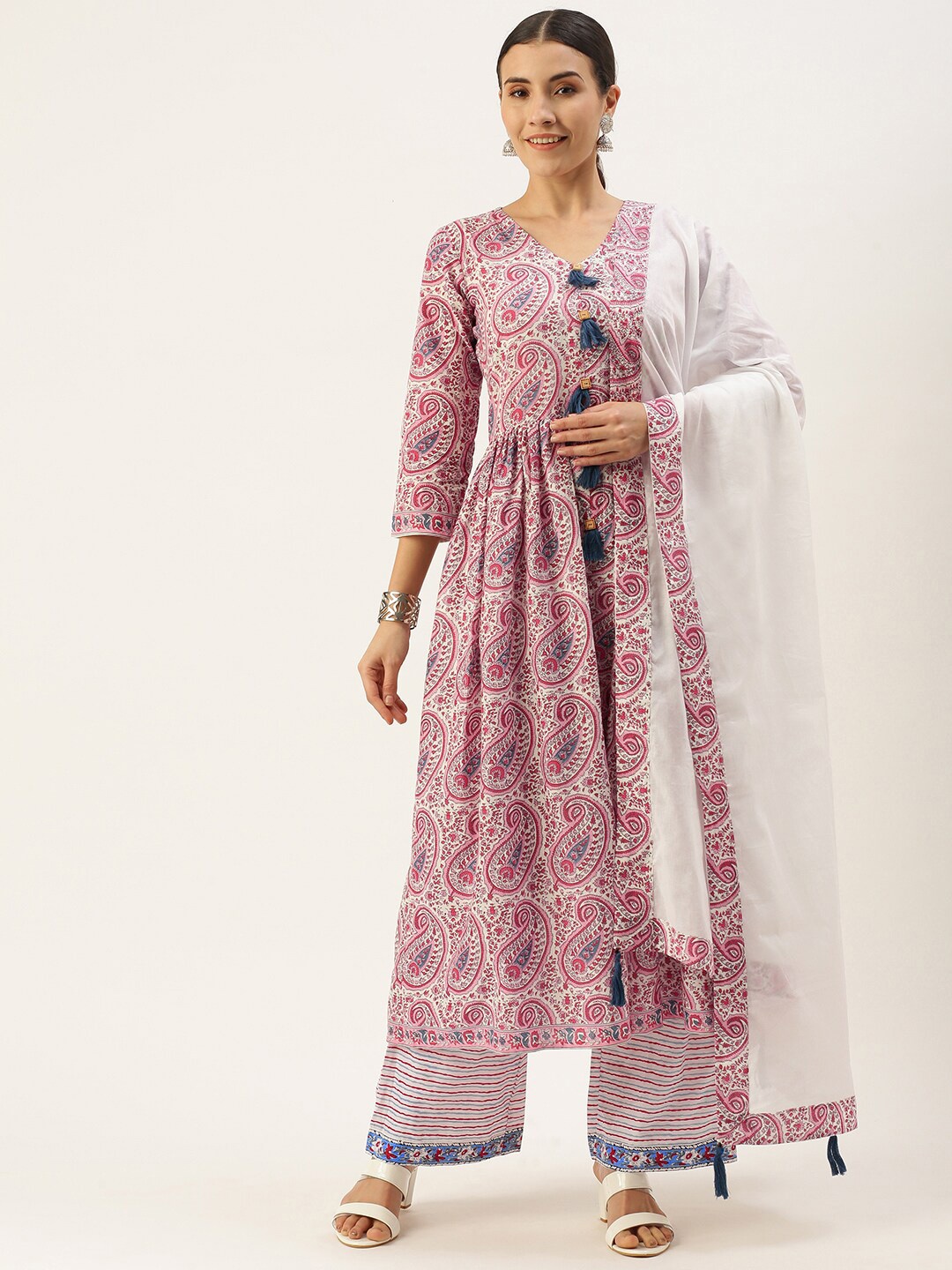 

KALINI Paisley Printed Pure Cotton A-Line Kurta With Palazzos & Dupatta, Pink