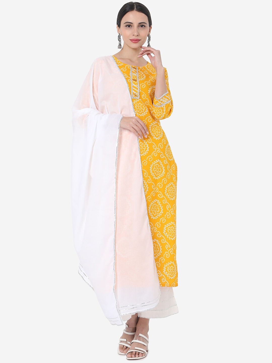 

KALINI Bandhani Printed Pure Cotton Straight Kurta With Palazzos & Dupatta, Yellow
