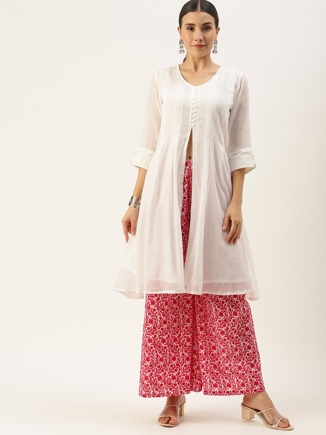 

Saanjh White & Red Floral Printed High-Slit Pure Cotton Kurta With Palazzos