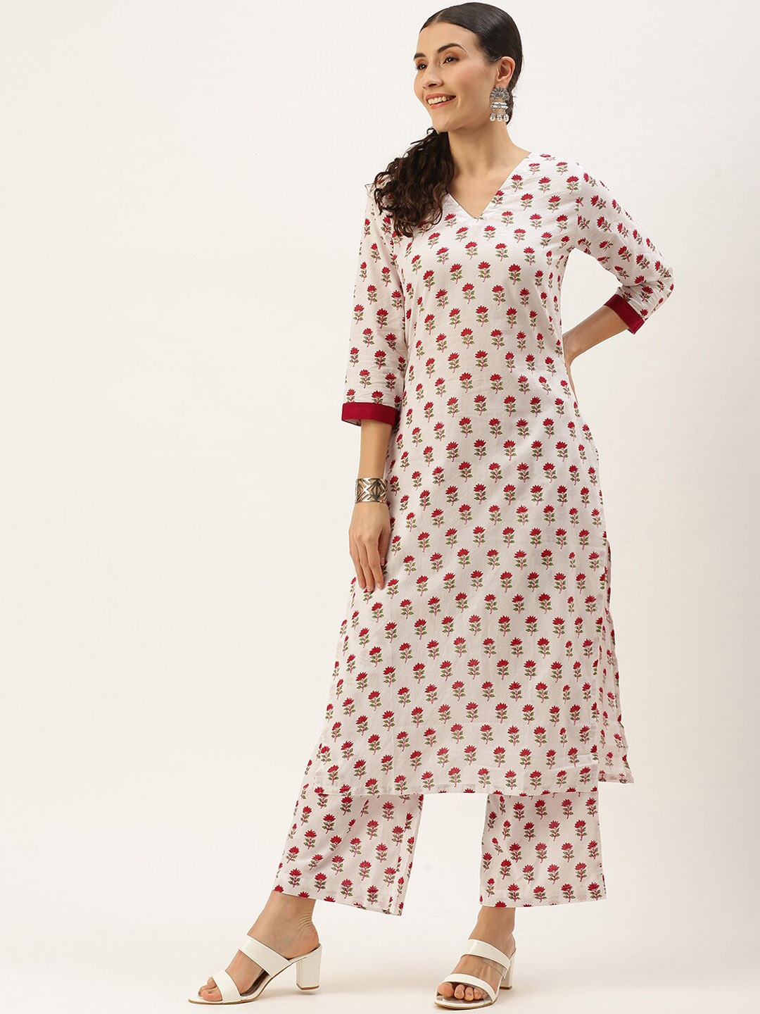 

KALINI Floral Printed Regular Pure Cotton Kurta With Palazzos, White