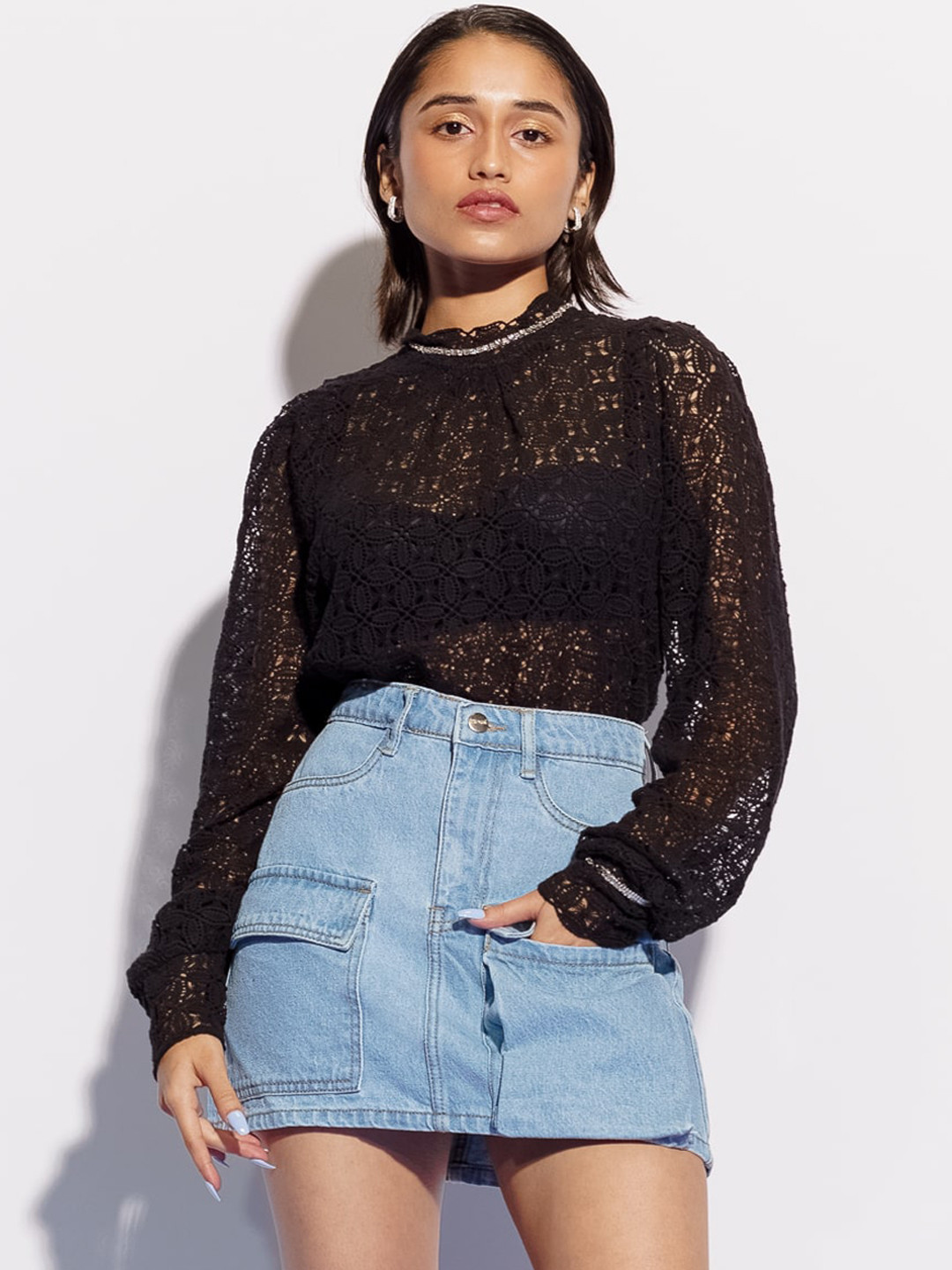 

FREAKINS Blue Denim Straight Mini Cargo Skirts