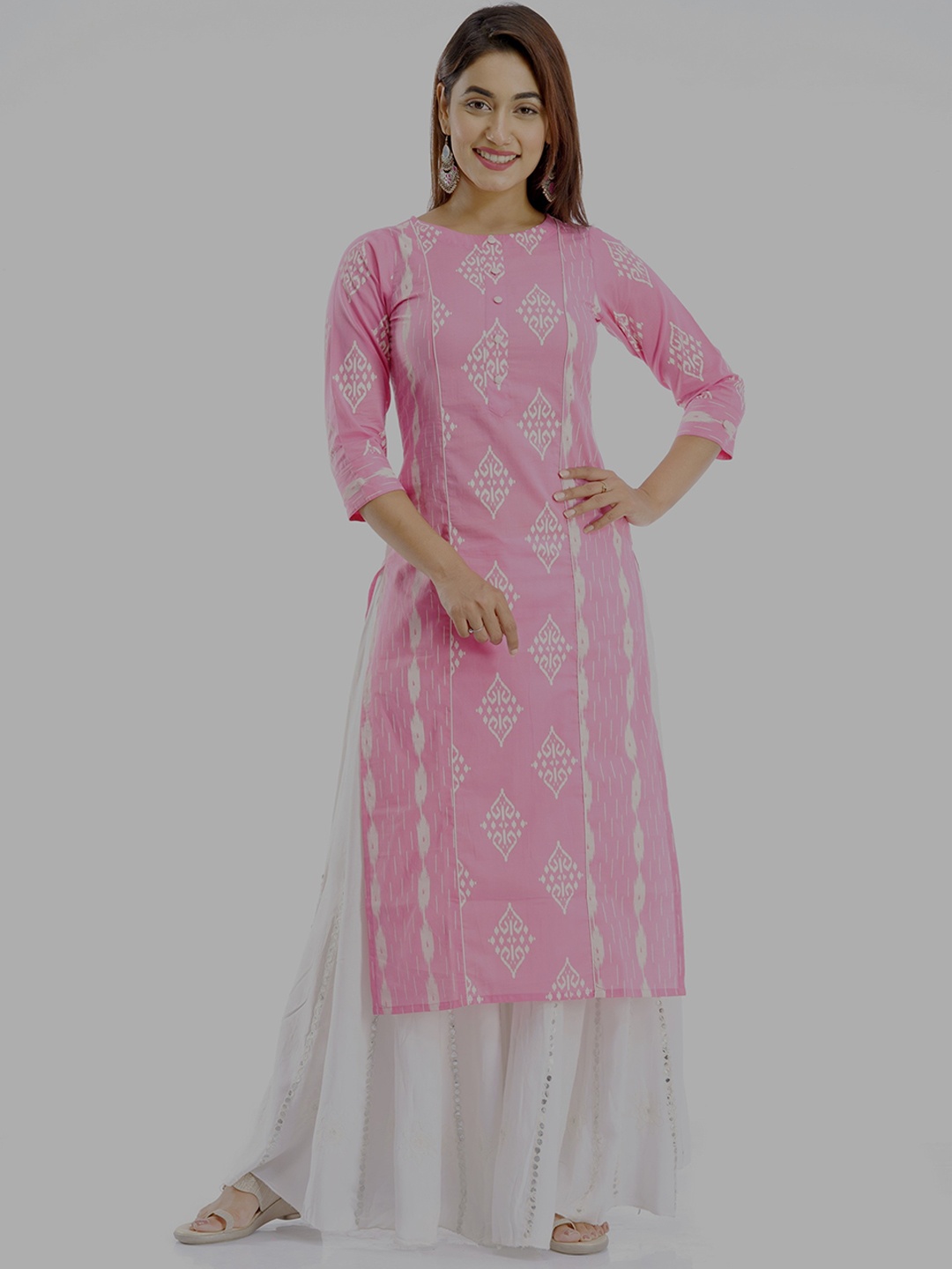 

PARCHHAI Women Ethnic Motifs Printed Round Neck Cotton Kurta, Pink