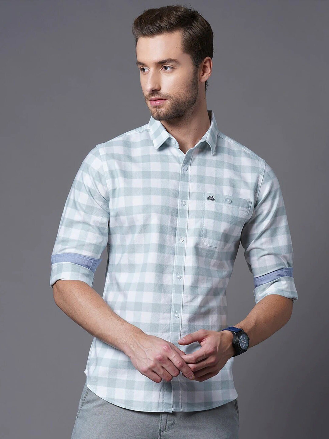 

British Club Smart Slim Fit Checked Pure Cotton Casual Shirt, Green