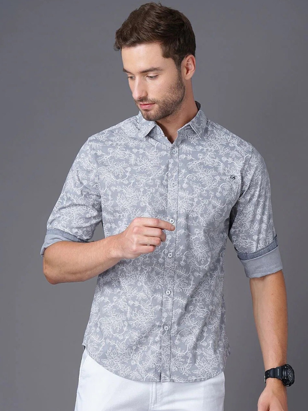 

British Club Smart Slim Fit Floral Printed Pure Cotton Casual Shirt, Grey