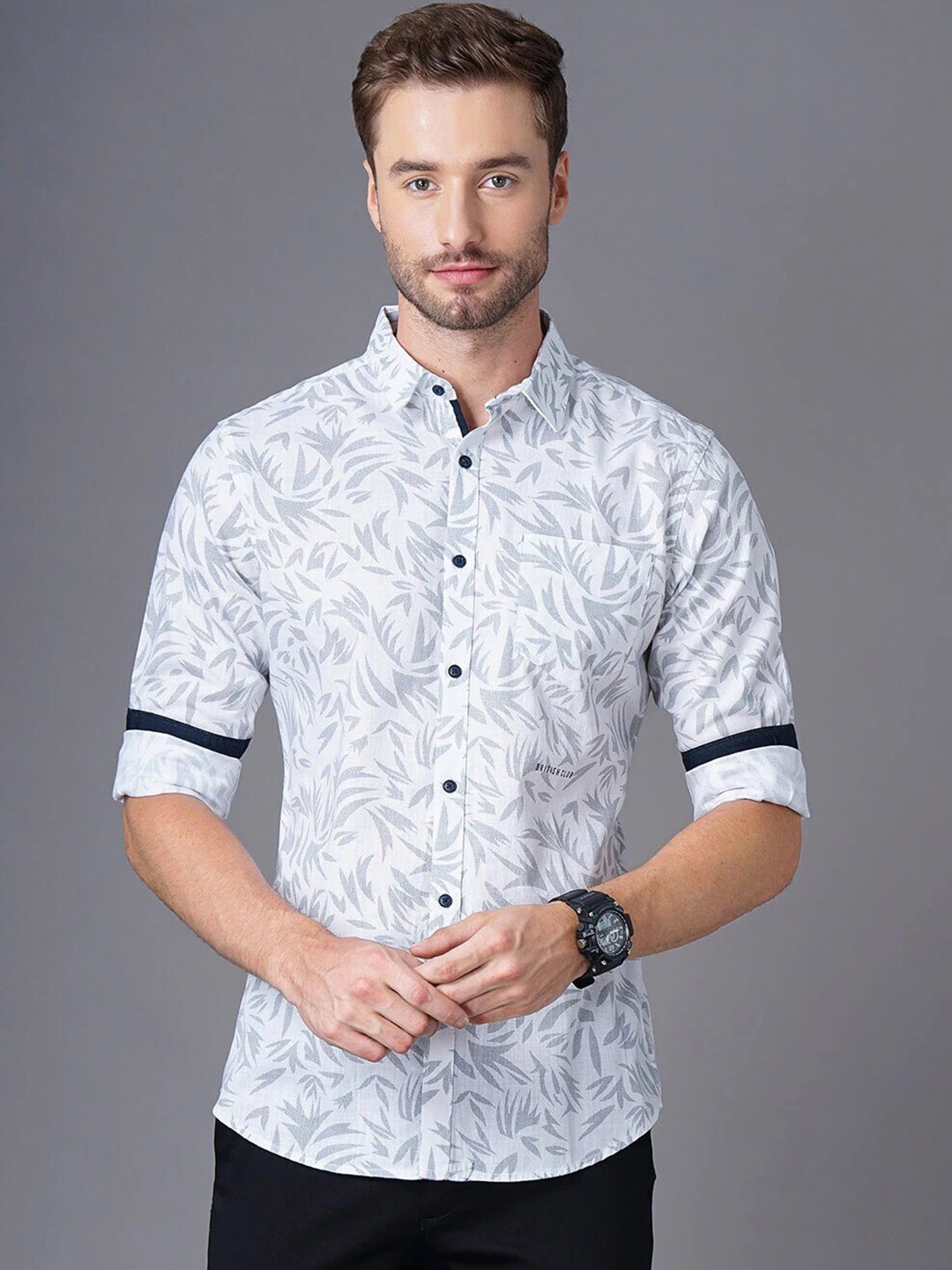 

British Club Smart Slim Fit Floral Printed Pure Cotton Casual Shirt, White