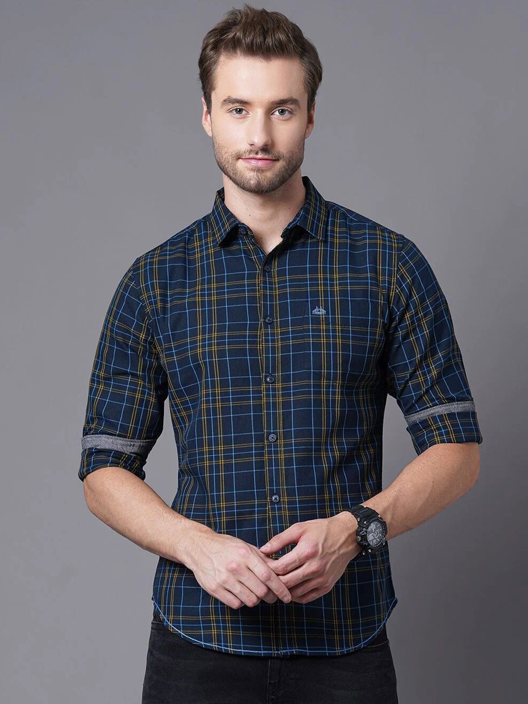 

British Club Smart Slim Fit Checked Pure Cotton Casual Shirt, Navy blue