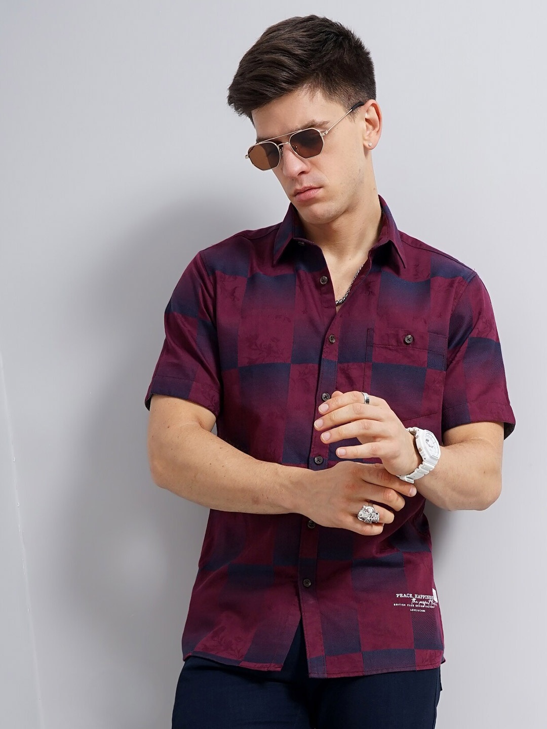 

British Club Smart Slim Fit Window Pane Checked Pure Cotton Shirt, Maroon