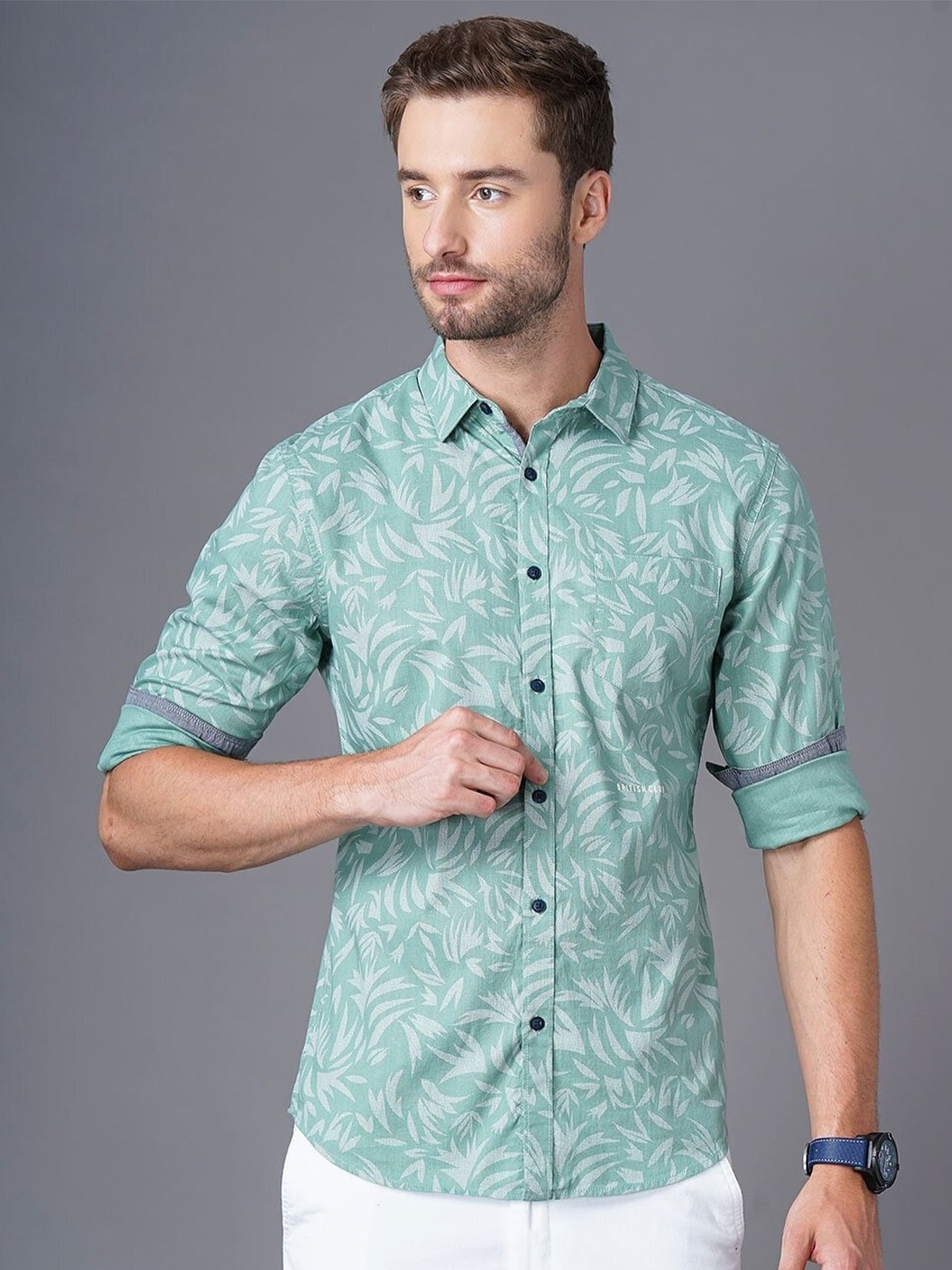 

British Club Smart Slim Fit Floral Printed Pure Cotton Casual Shirt, Green