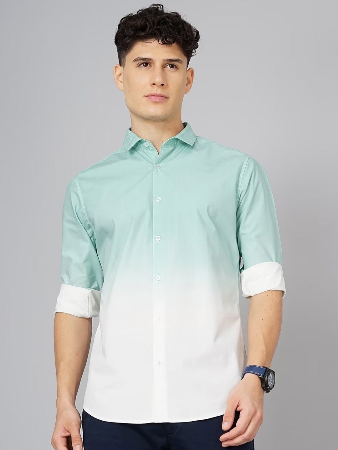 

British Club Smart Slim Fit Ombre-Dyed Pure Cotton Casual Shirt, Green