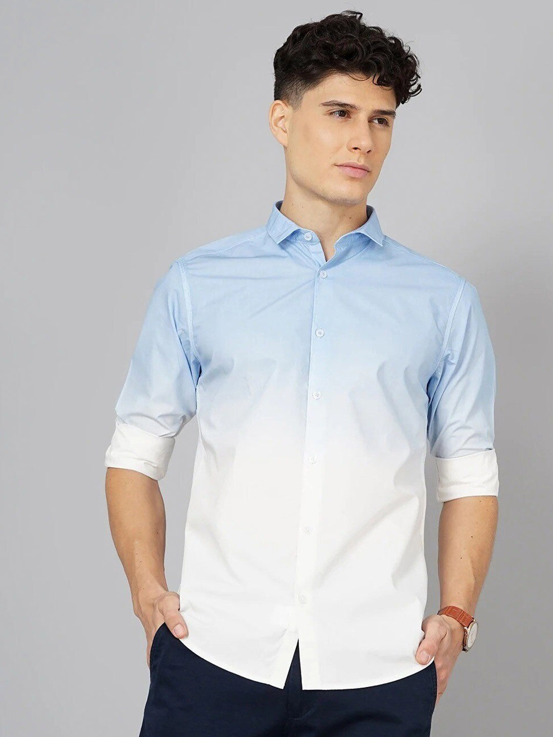 

British Club Ombre Dyed Smart Slim Fit Pure Cotton Casual Shirt, Blue