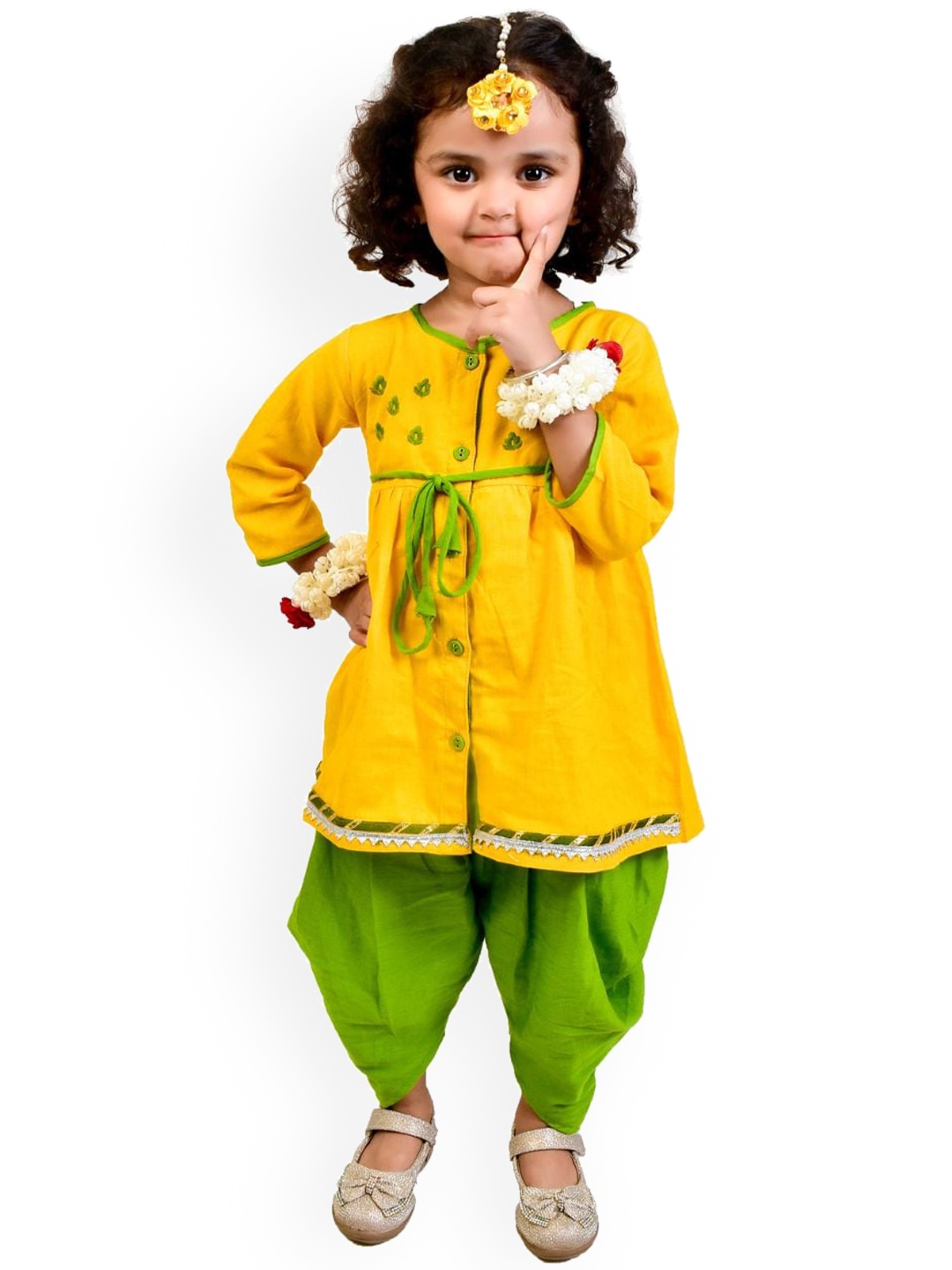 

BAESD Girls Yoke Design Thread Work Pure Cotton Kurti With Dhoti Pants, Yellow