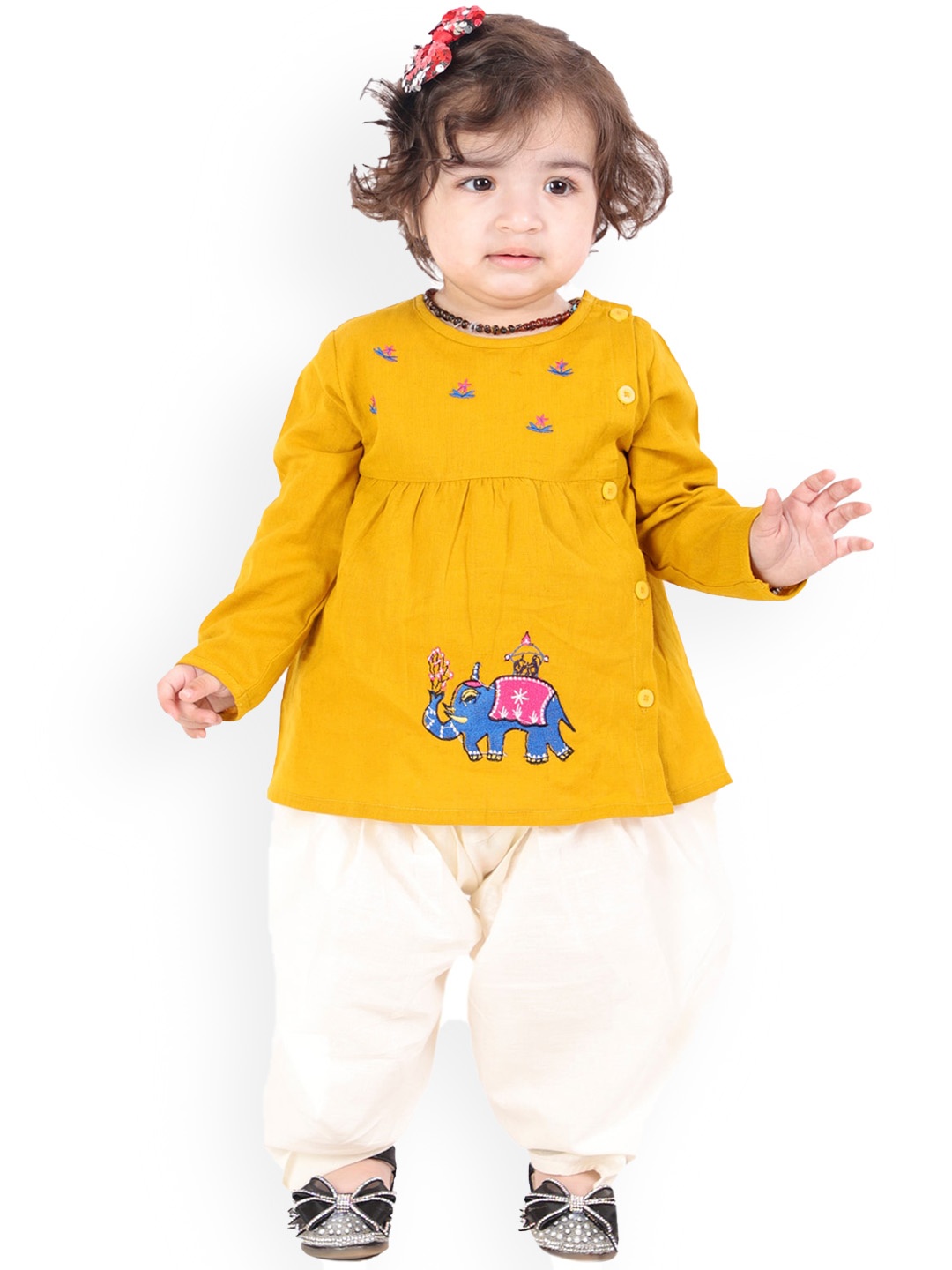 

BAESD Infant Girls Ethnic Motifs Embroidered Pure Cotton Kurti with Dhoti Pants, Yellow