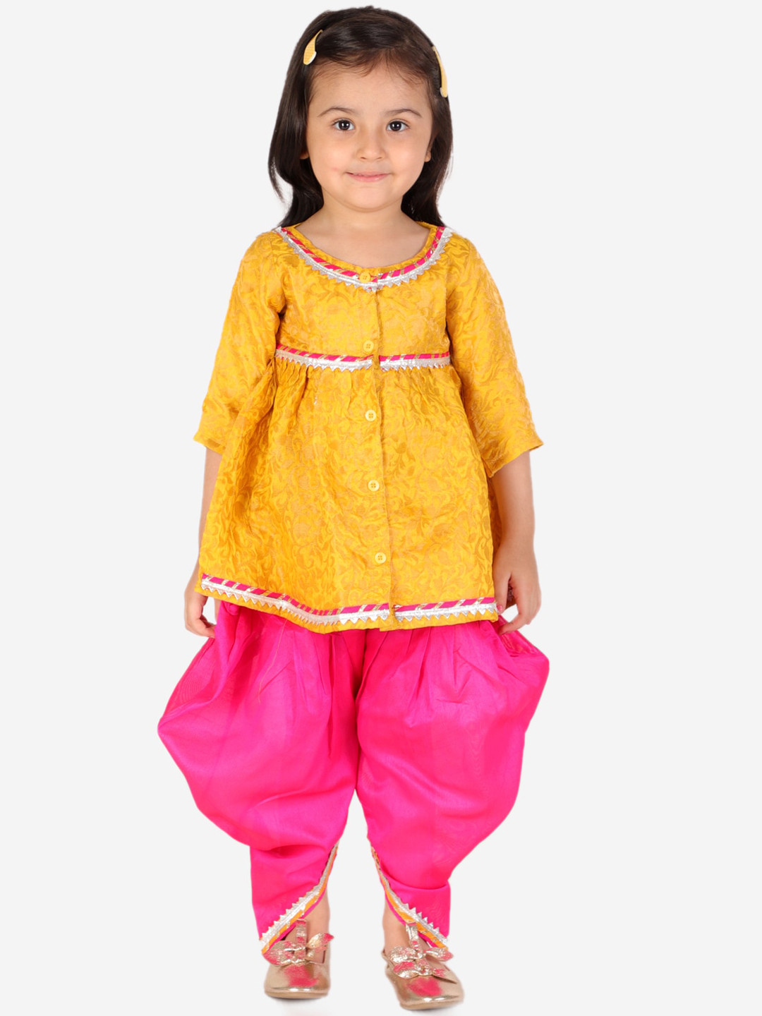 

BAESD Girls Woven Design Gotta Patti Kurti With Dhoti Pants, Yellow