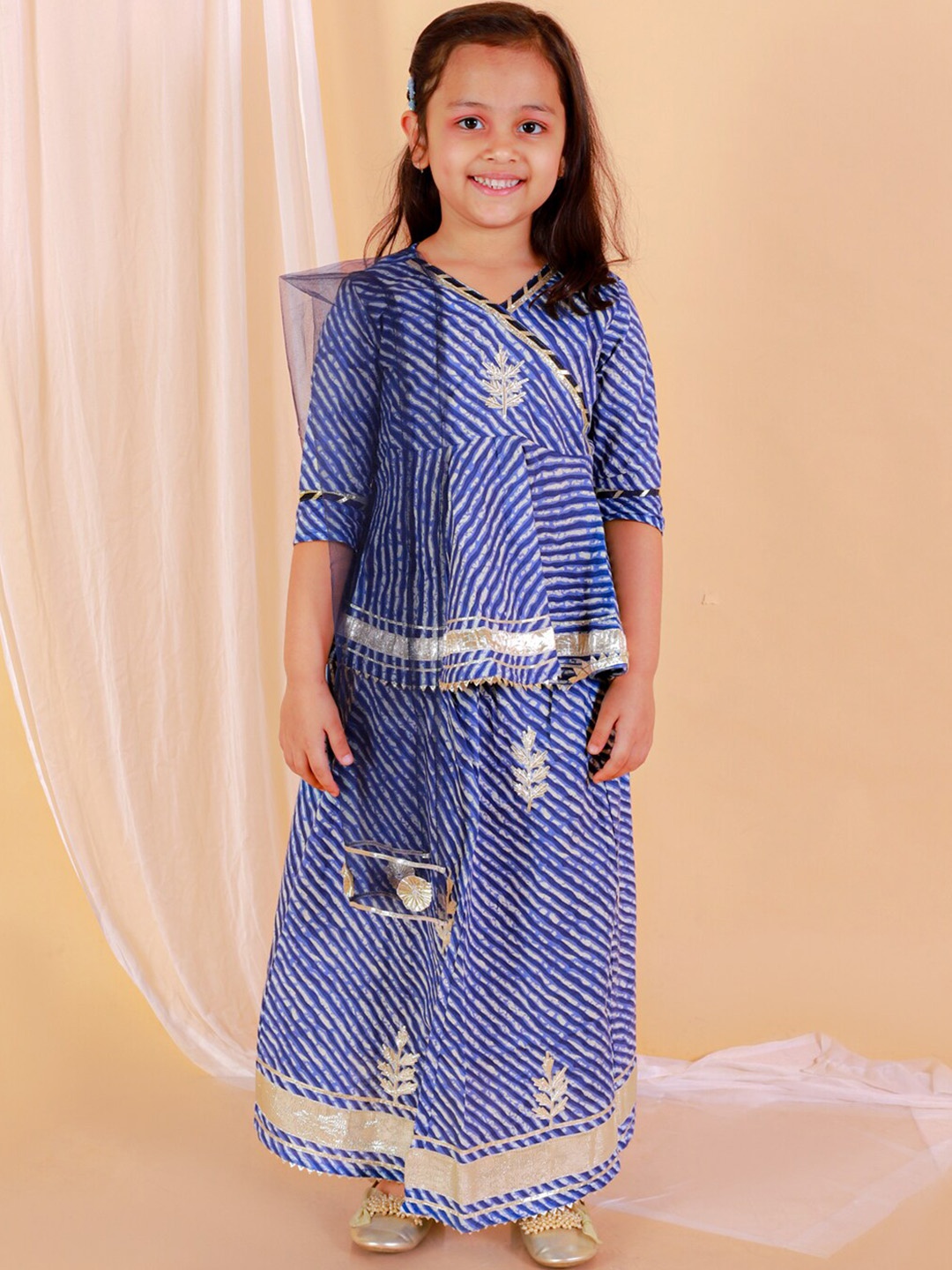 

BAESD Girls Leheriya Printed Gotta Patti Pure Cotton Kurti With Skirt & Dupatta, Purple