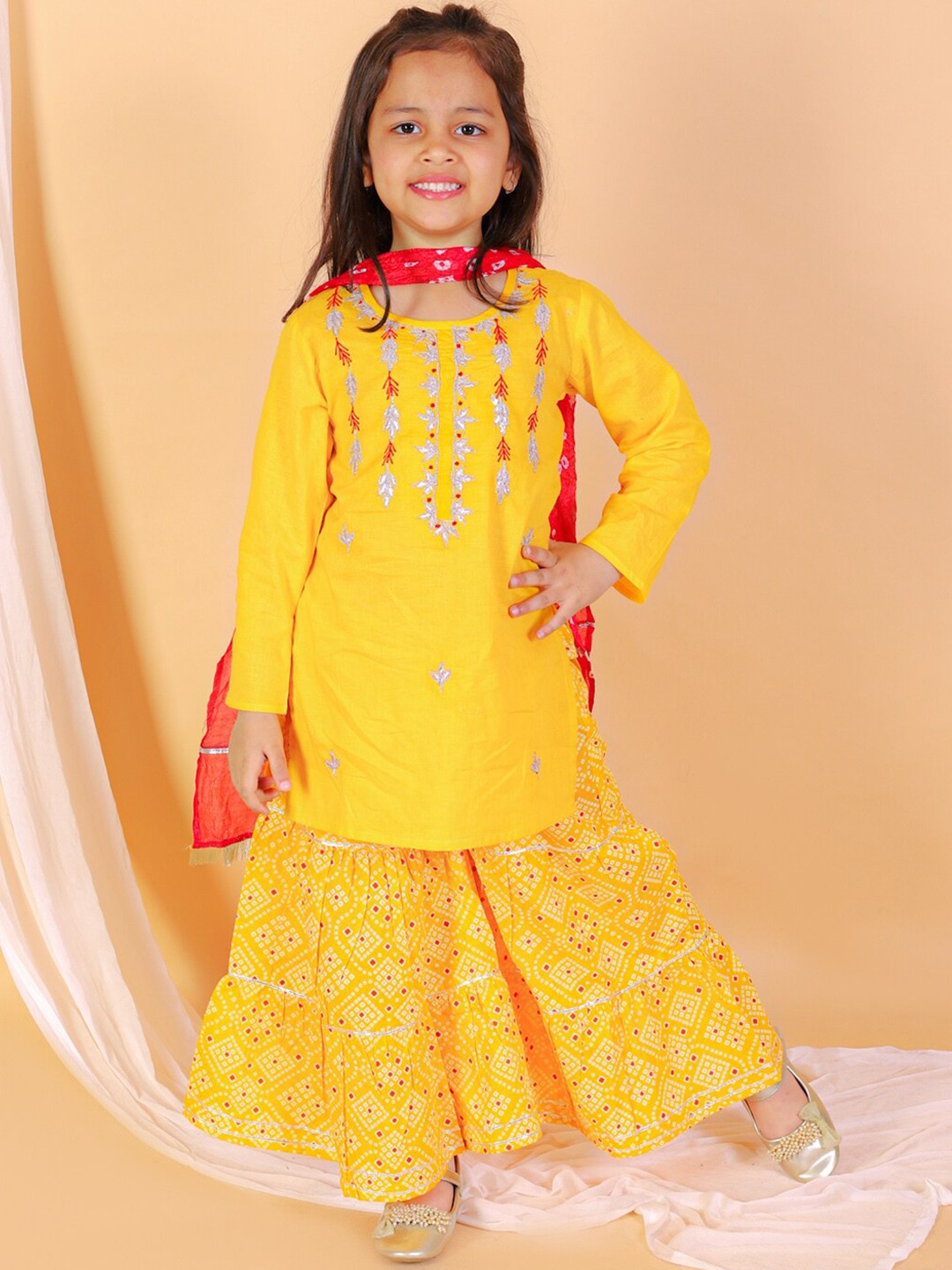 

BAESD Girls Bandhani Regular Pure Cotton Kurti with Sharara & With, Mustard