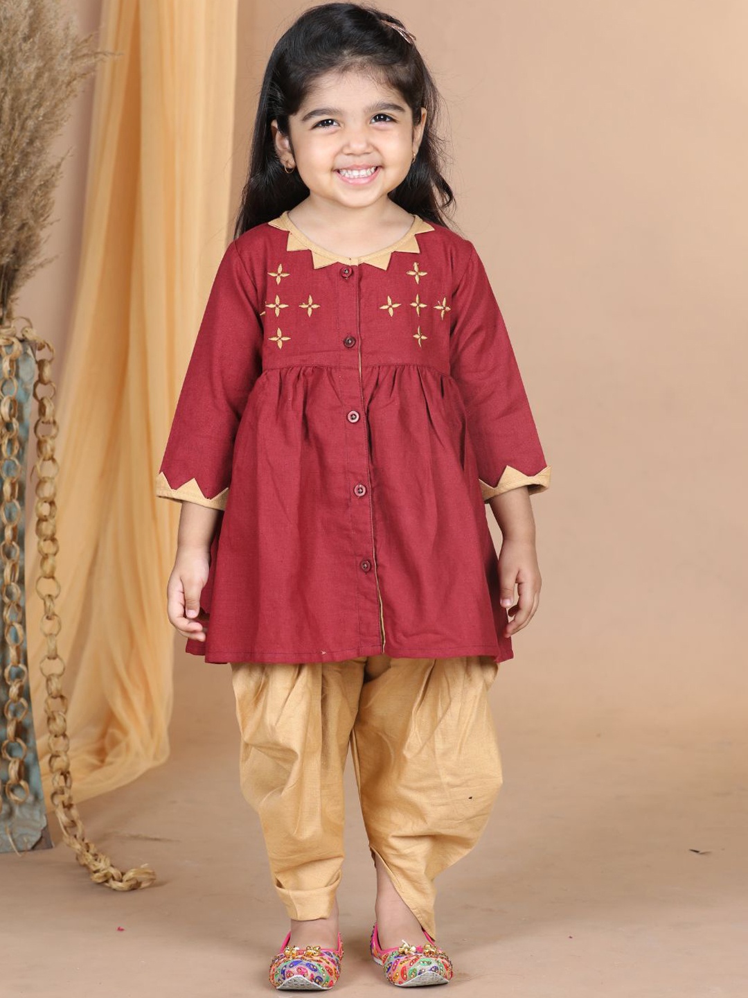 

BAESD Girls Yoke Design Angrakha Thread Work Pure Cotton Kurti with Dhoti Pants, Maroon
