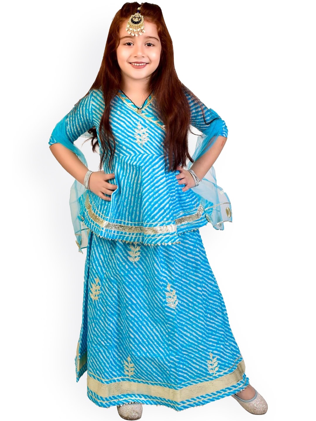 

BAESD Girls Leheriya Gotta Patti Pure Cotton Kurti With Skirt & Dupatta, Blue