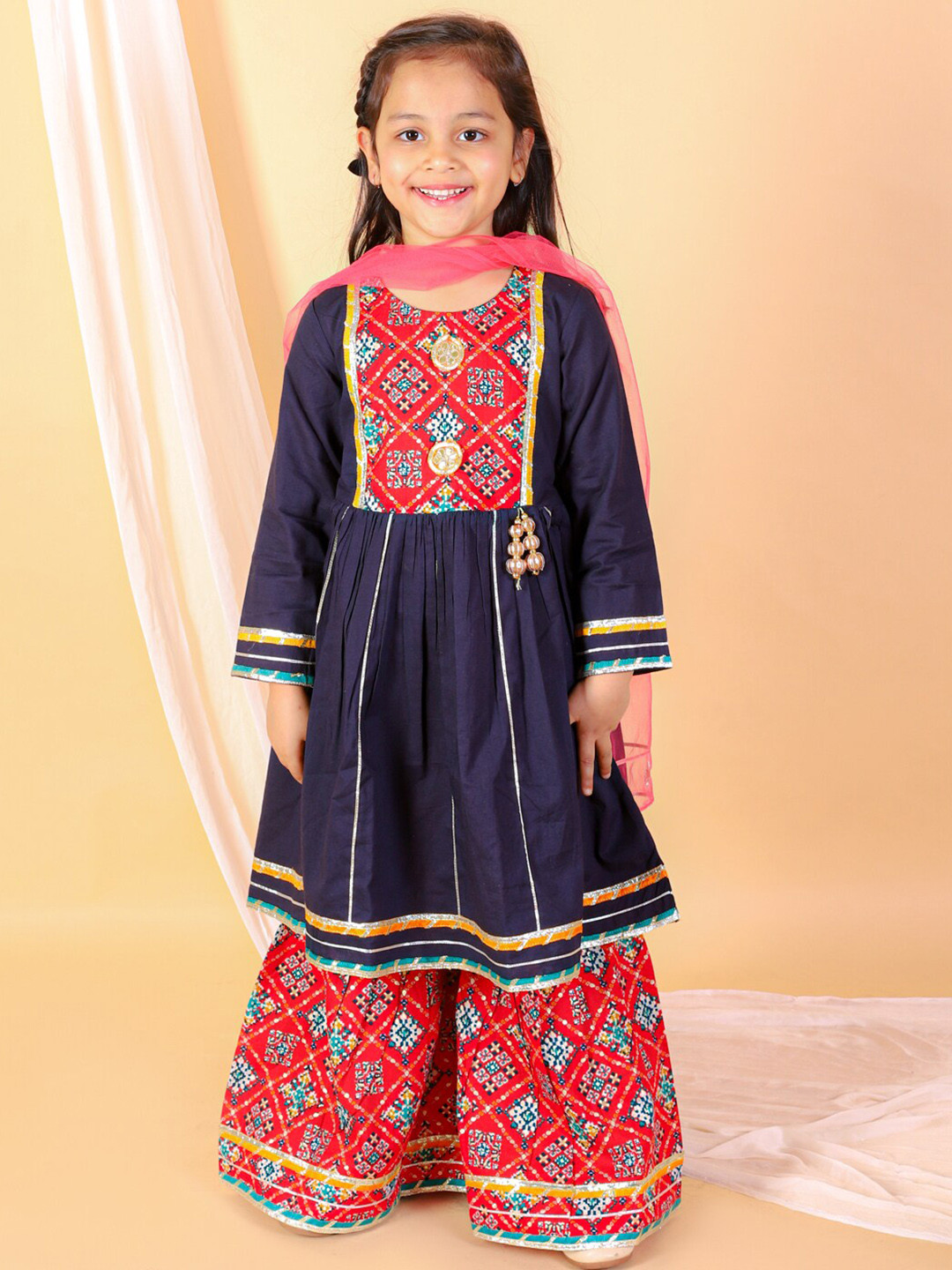 

BAESD Girls Yoke Design Pure Cotton Kurta with Sharara & With Dupatta, Blue