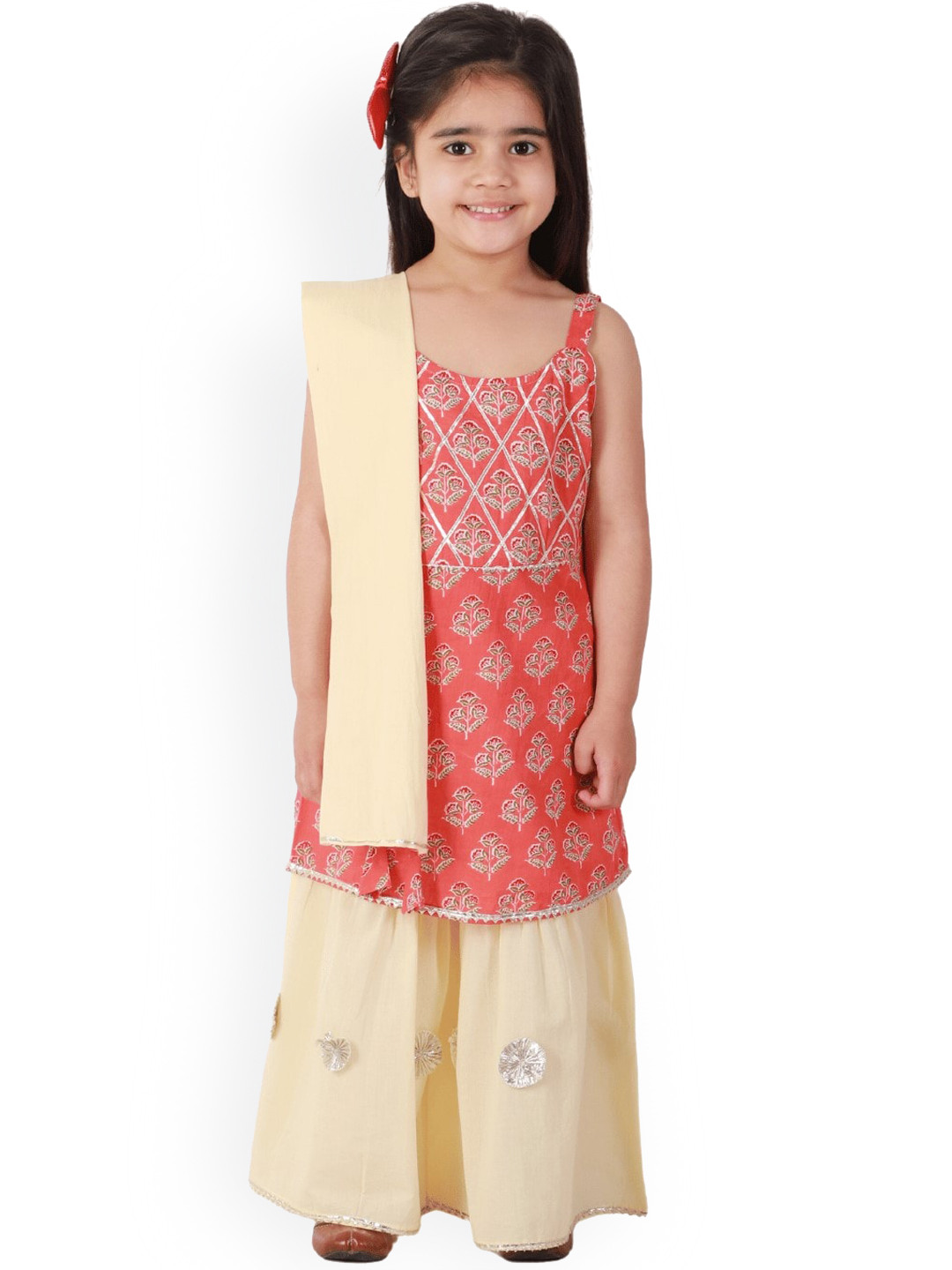 

BAESD Girls Floral Printed Gotta Patti Pure Cotton Kurta with Sharara & Dupatta, Peach