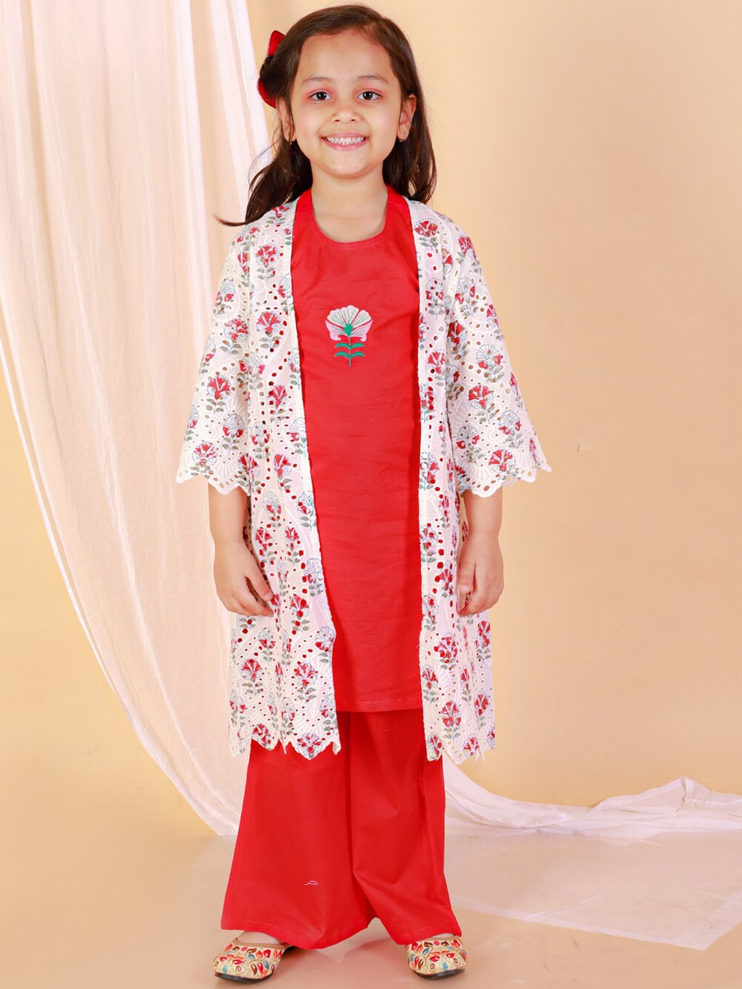 

BAESD Girls Floral Embroidered Regular Pure Cotton Kurti with Palazzos, Red