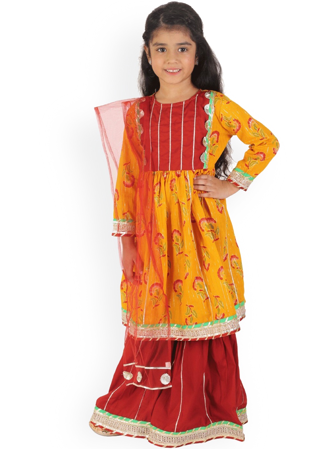 

BAESD Girls Floral Yoke Design Gotta Patti Pure Cotton Kurti With Sharara & Dupatta, Mustard