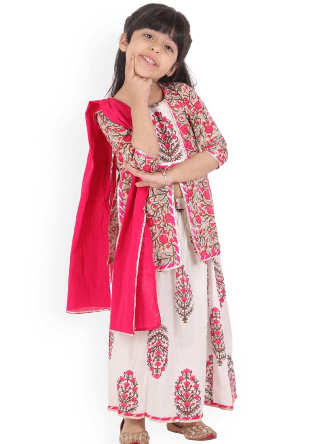 

BAESD Girls Floral Yoke Design Pure Cotton Kurti with Skirt & Dupatta, Pink