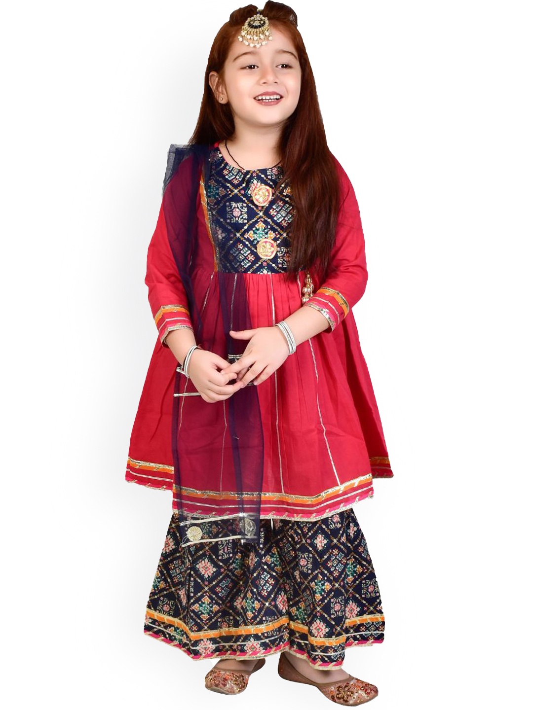 

BAESD Girls Yoke Design Pure Cotton Kurti With Sharara & With Dupatta, Red