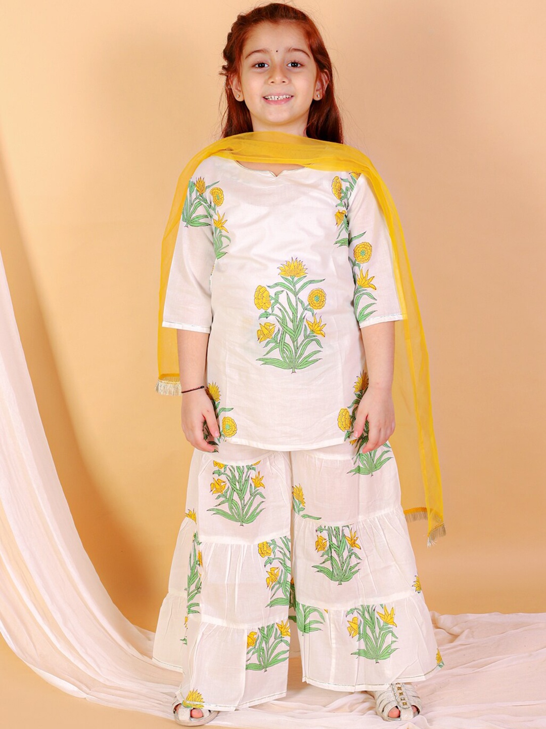 

BAESD Girls Floral Printed Regular Pure Cotton Kurti & Sharara With Dupatta, White