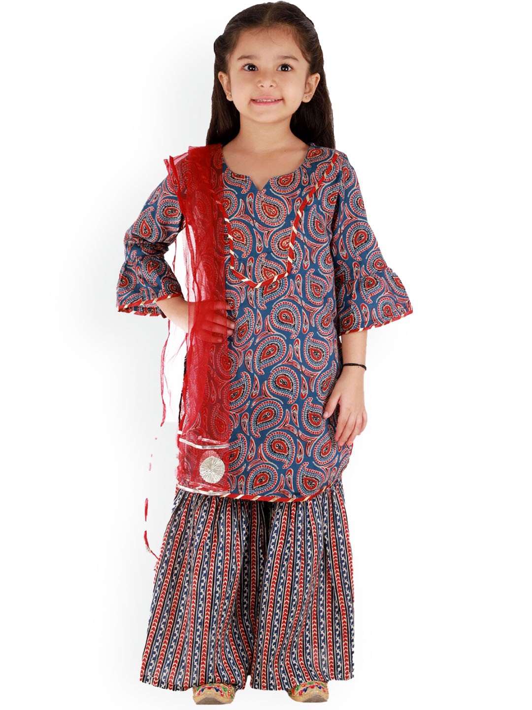 

BAESD Girls Ethnic Motifs Printed Gotta Patti Pure Cotton Kurta With Sharara & Dupatta, Blue