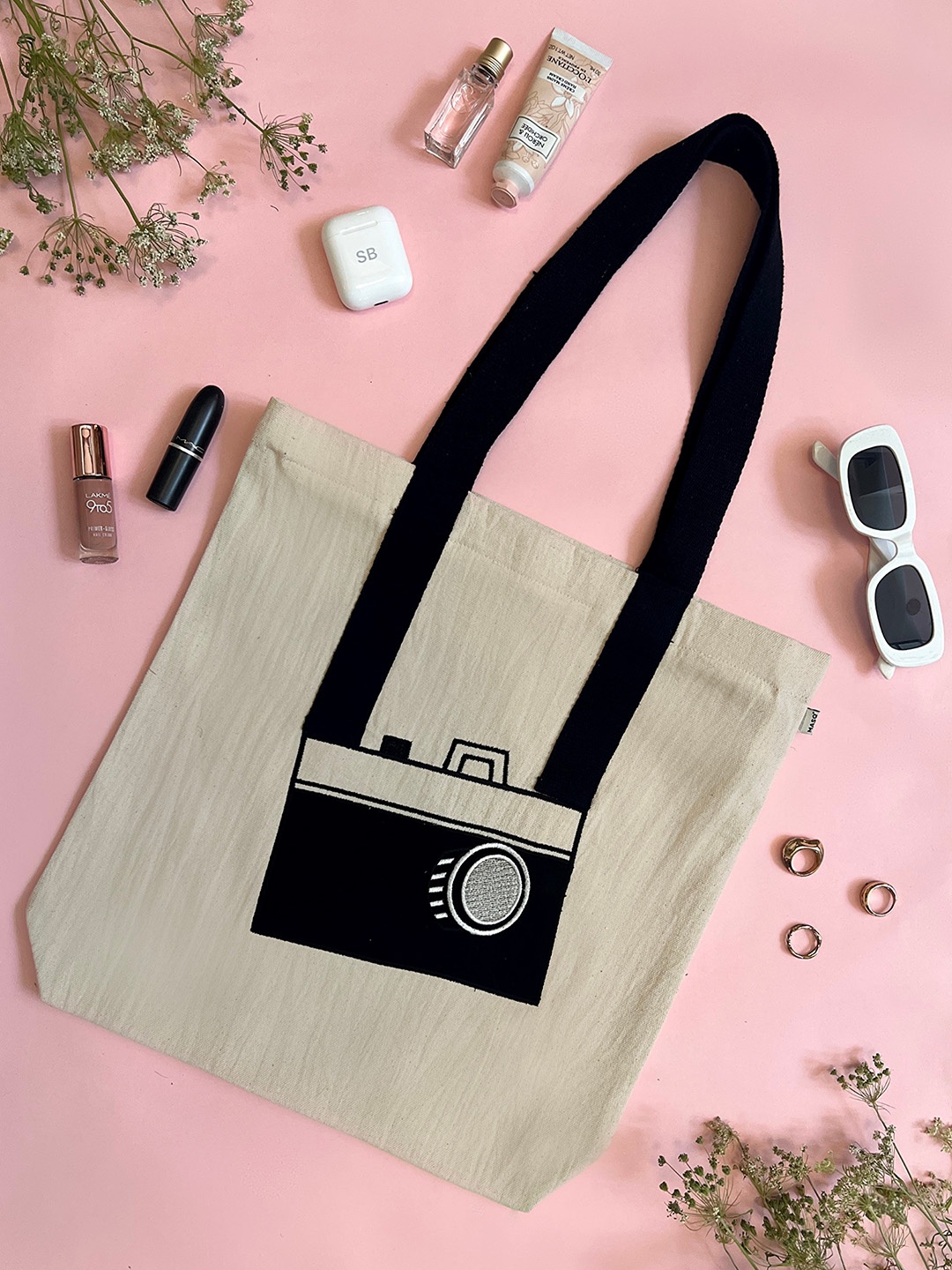 MASQ Camera Self Design Lightweight Shopper Cotton Tote Bag, Cream