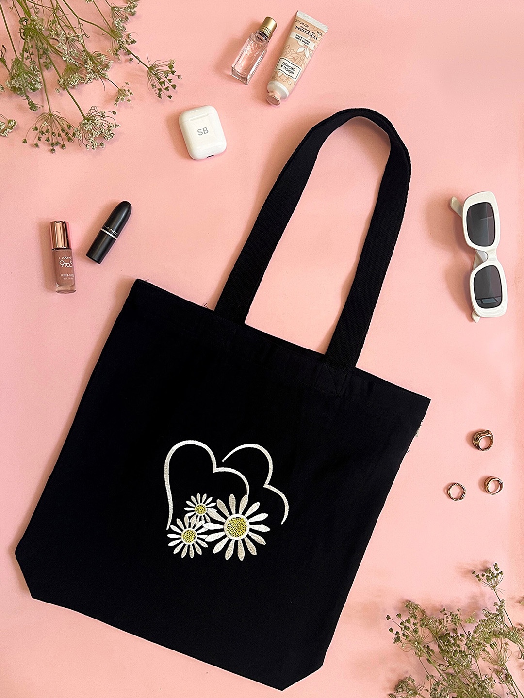 

MASQ Floral Embroidered Cotton Tote Bag, Black