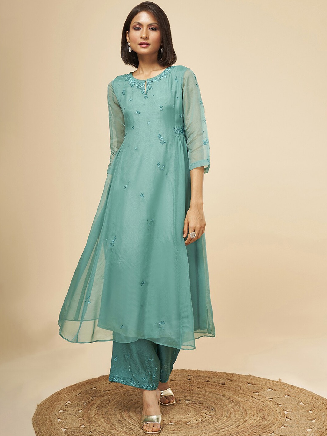 

Marigold Lane Floral Sequinned Embroidered Anarkali Kurta With Trousers & Dupatta, Green