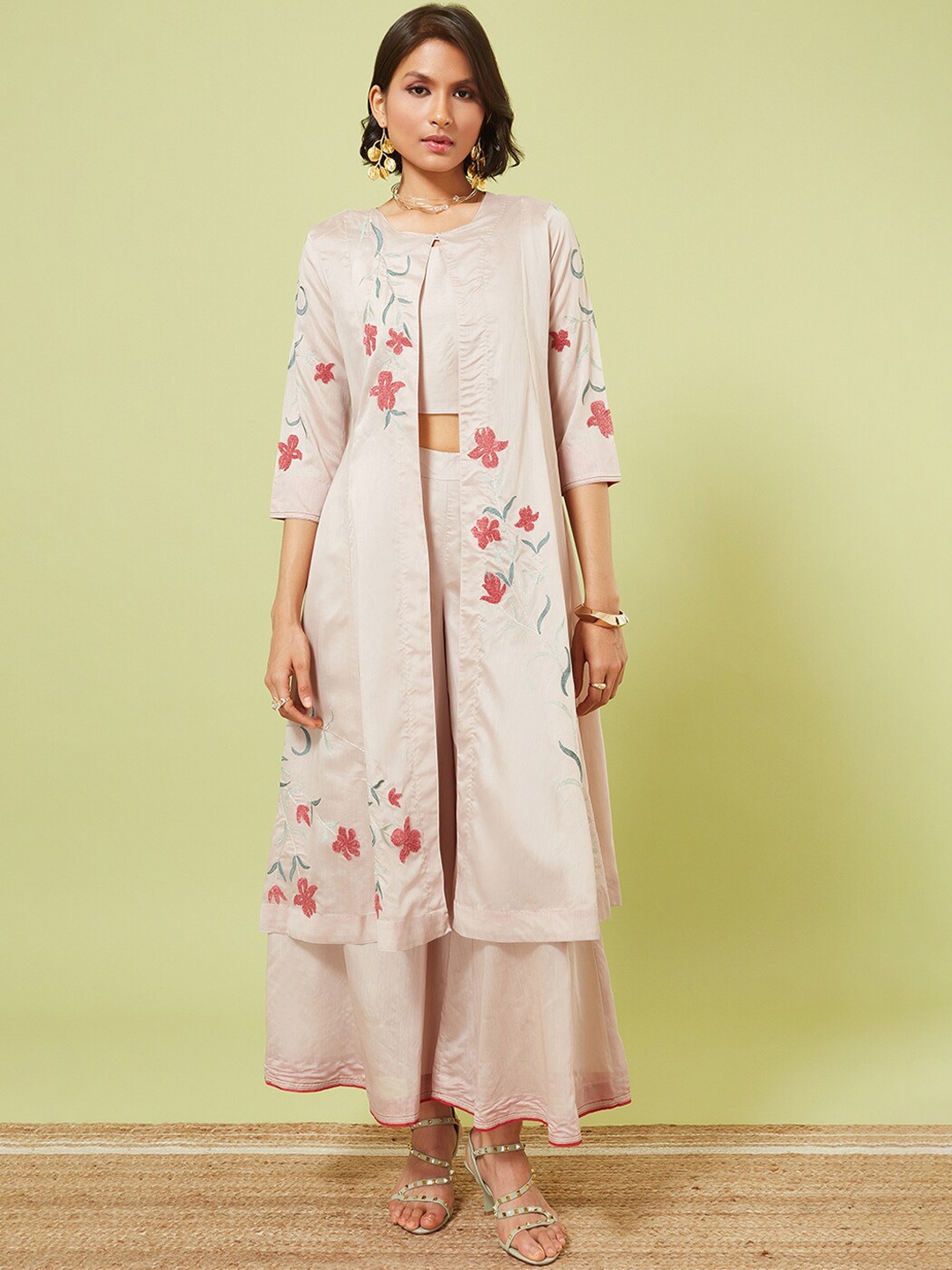 

Marigold Lane Floral Printed Top With Palazzos & Jacket, Beige
