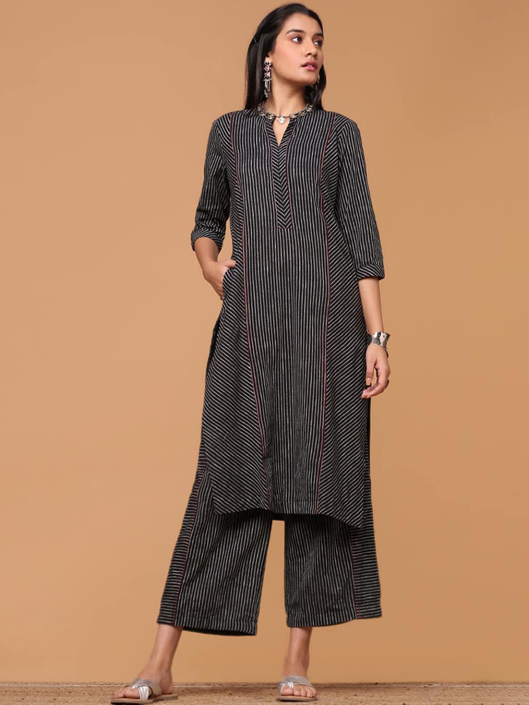 

Marigold Lane Striped Kurta with Palazzos, Black