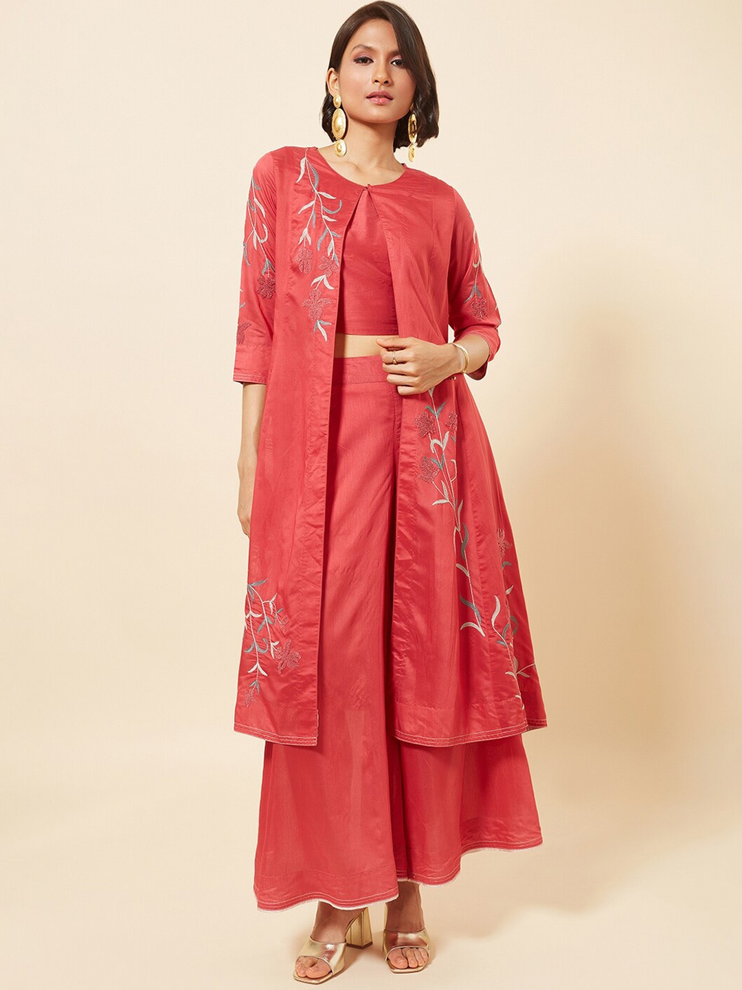 

Marigold Lane Floral Embroidered Top With Palazzos & Jacket, Coral