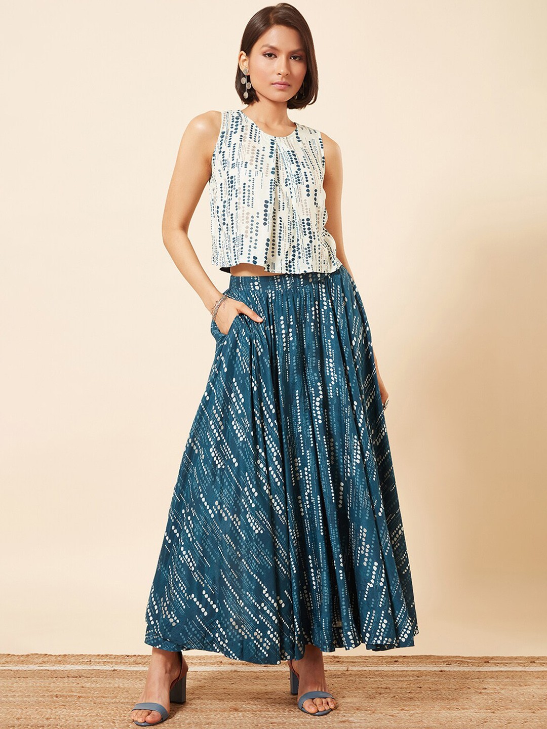 

Marigold Lane Geometric Printed Top With Palazzo, Blue