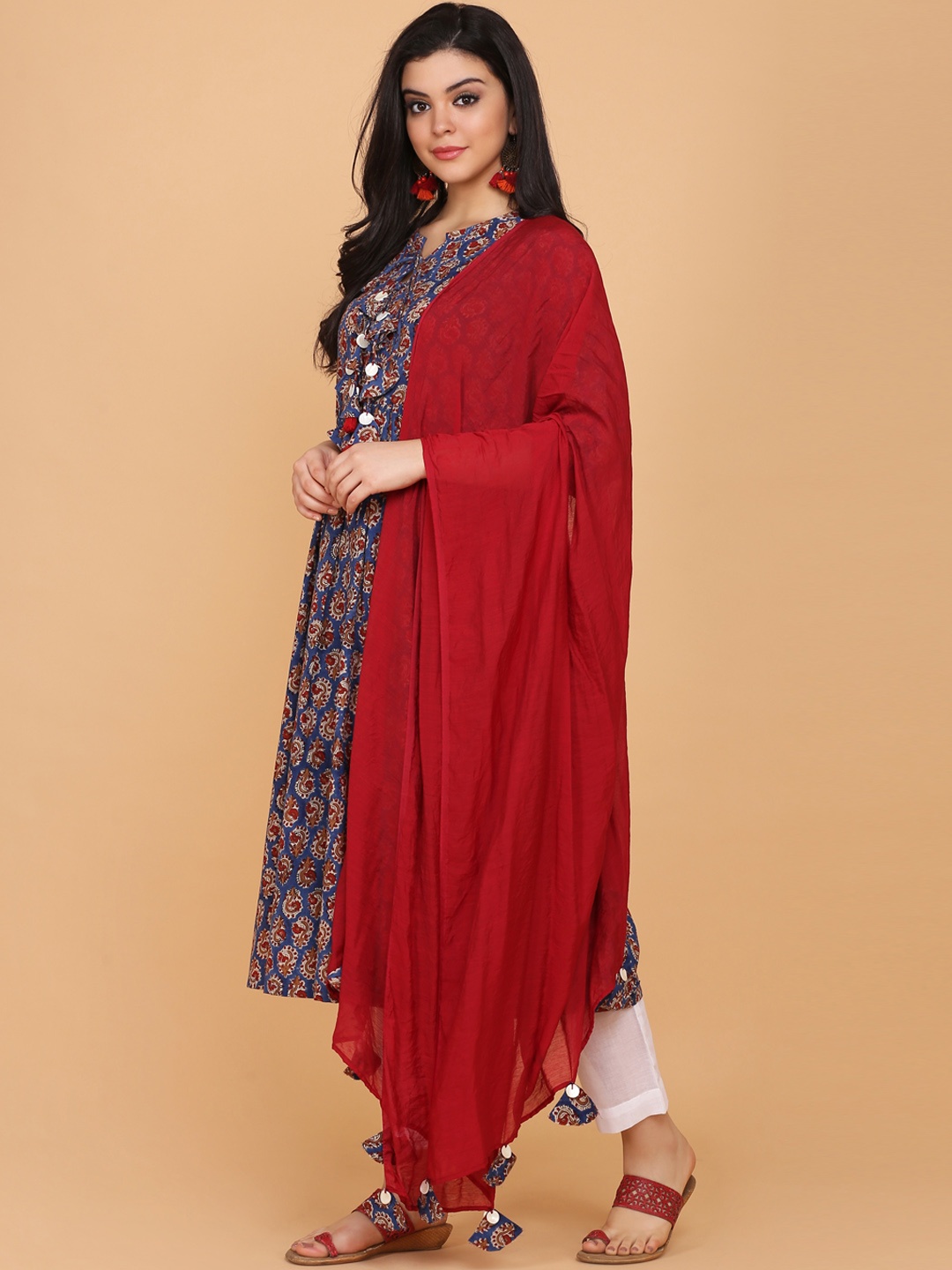 

KALINI Ethnic Motifs Printed Regular Anarkali Pure Cotton Kurta & Trousers With Dupatta, Navy blue