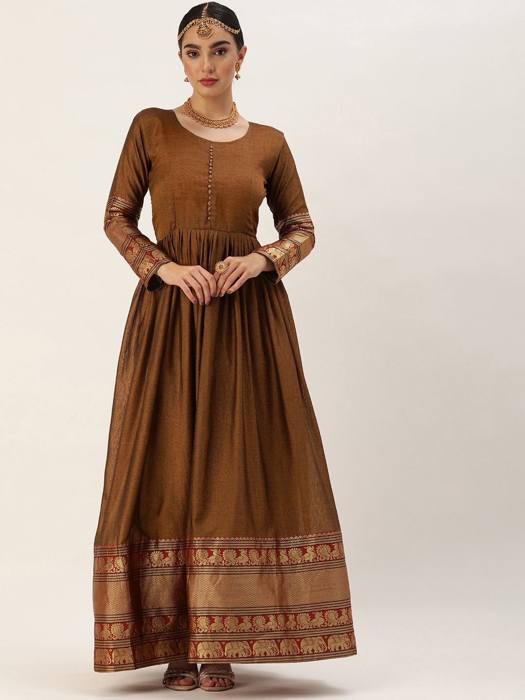 

LOOKNBOOK ART Ethnic Motifs Print Zari Gown Dress, Mustard