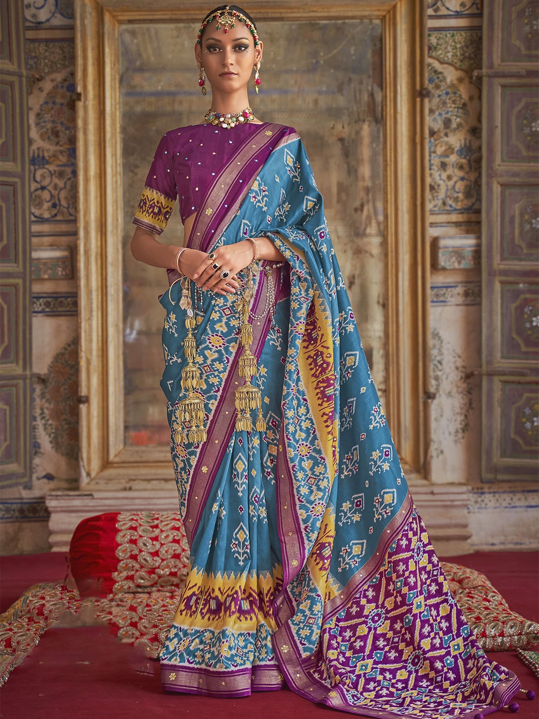 

elora Ethnic Motifs Printed Zari Pure Silk Pochampally Saree, Blue