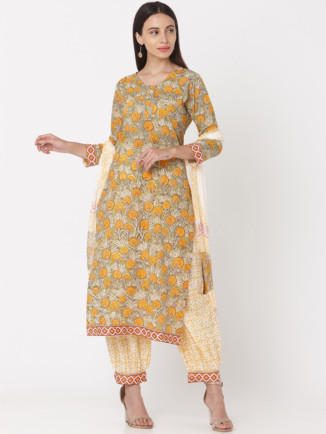 

Saanjh Floral Printed Regular Pure Cotton Kurta With Salwar & Dupatta, Green