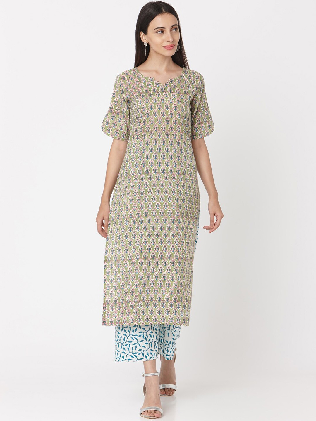 

Saanjh Ethnic Motifs Printed Pure Cotton Kurta With Palazzos & Dupatta, Green