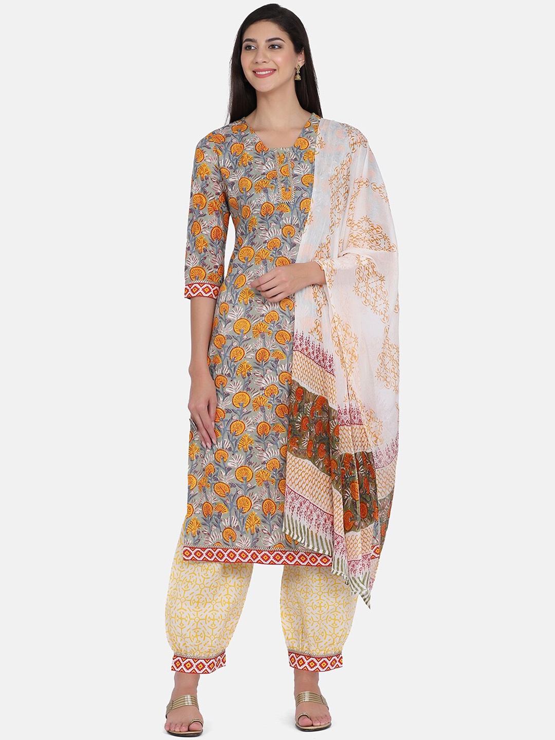 

KALINI Floral Printed Pure Cotton Kurta with Salwar & Dupatta, Grey