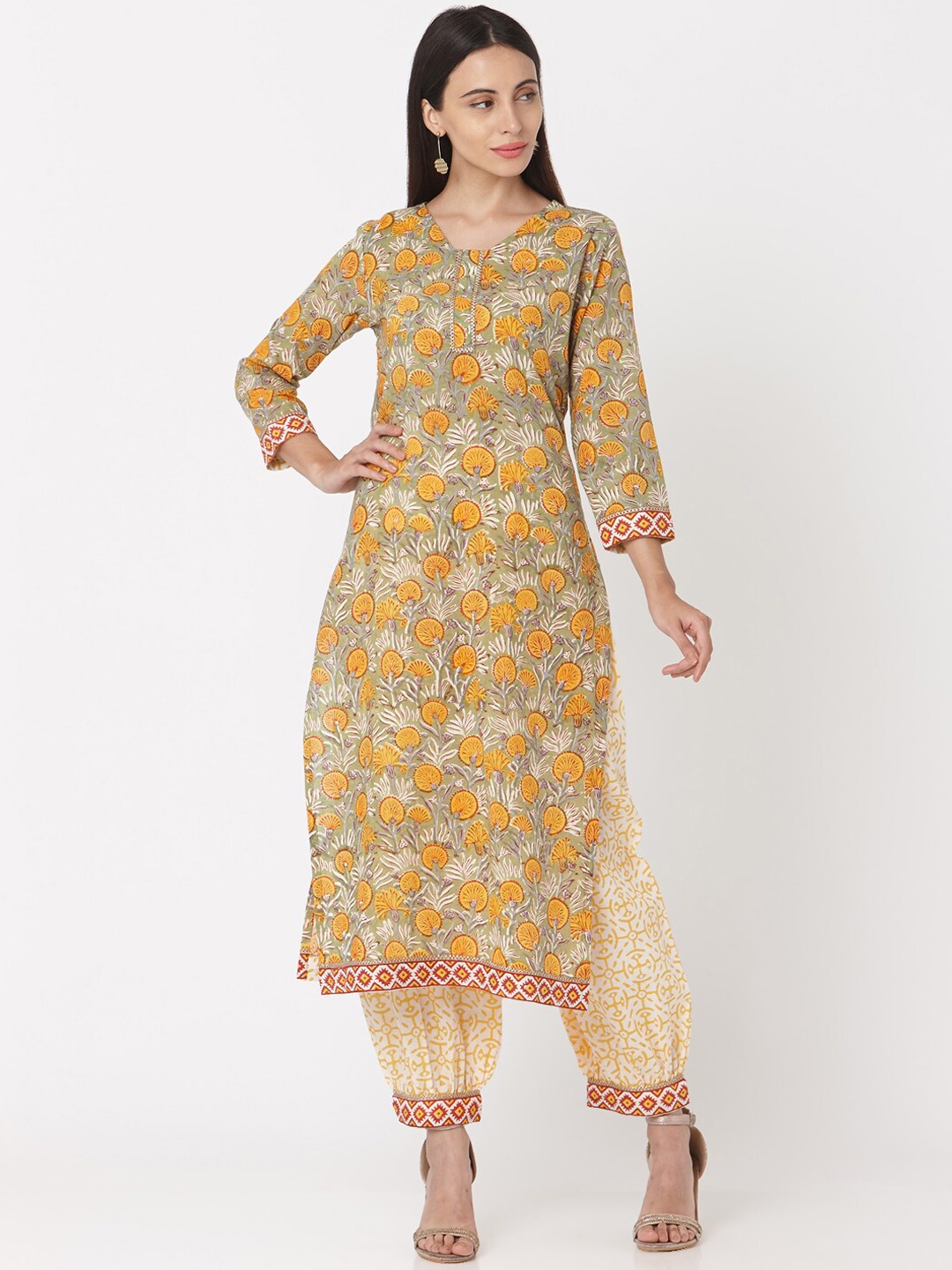 

KALINI Floral Printed Pure Cotton Kurta With Salwar, Green