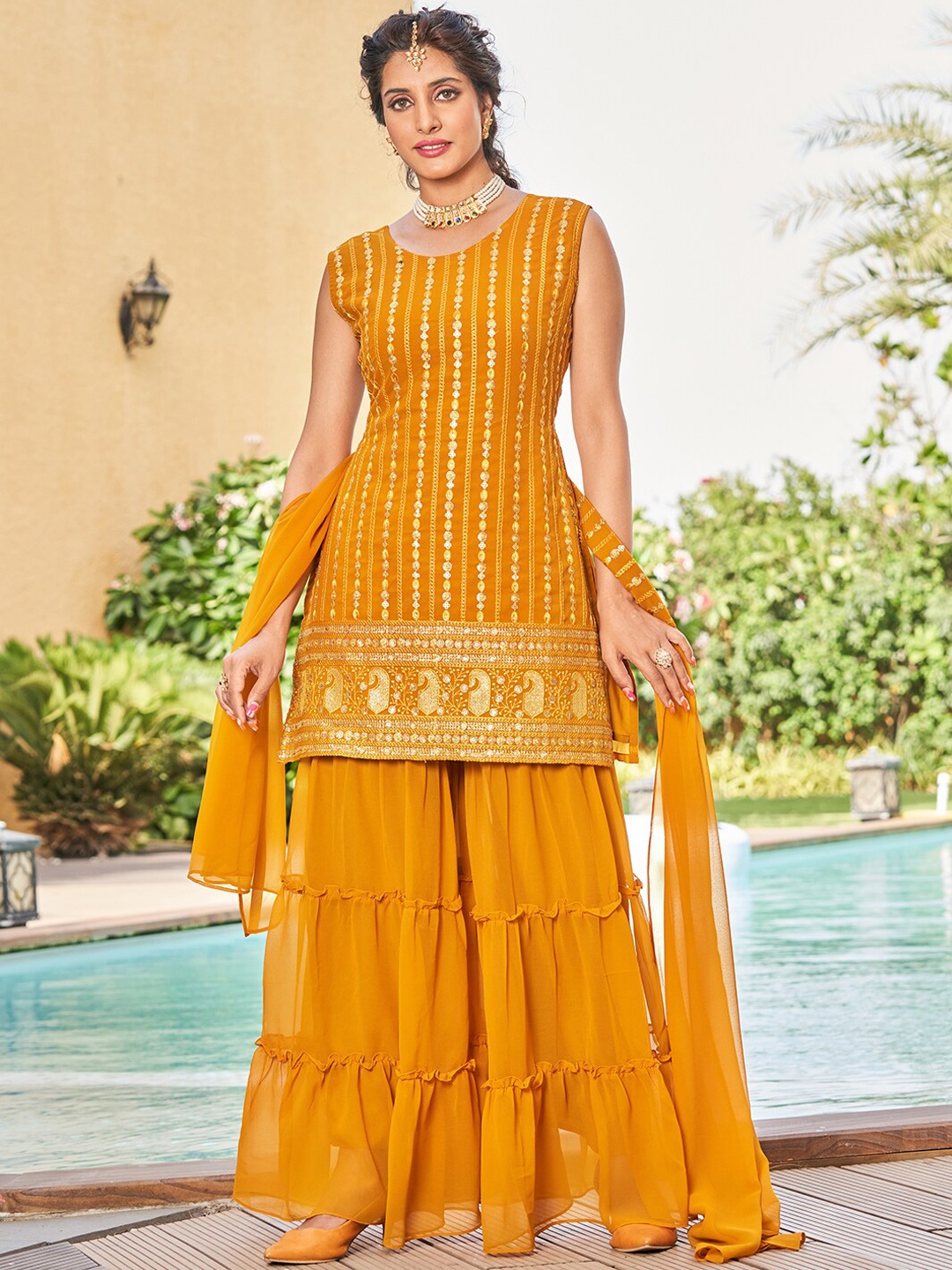 

KALINI Ethnic Motifs Embroidered Regular Sequinned Kurta with Sharara & With Dupatta, Mustard