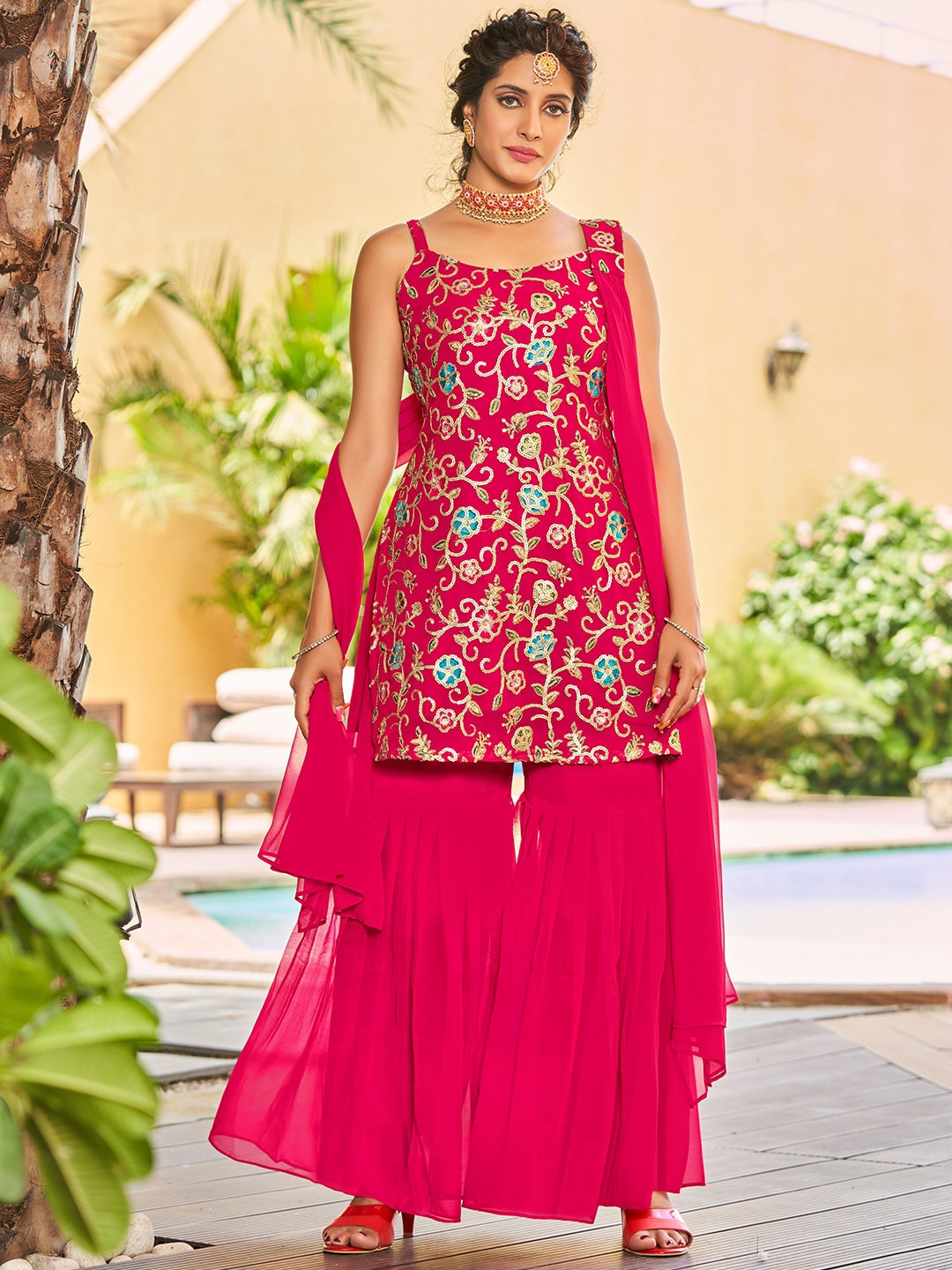 

KALINI Floral Embroidered Regular Sequinned Kurta with Sharara & Dupatta, Pink