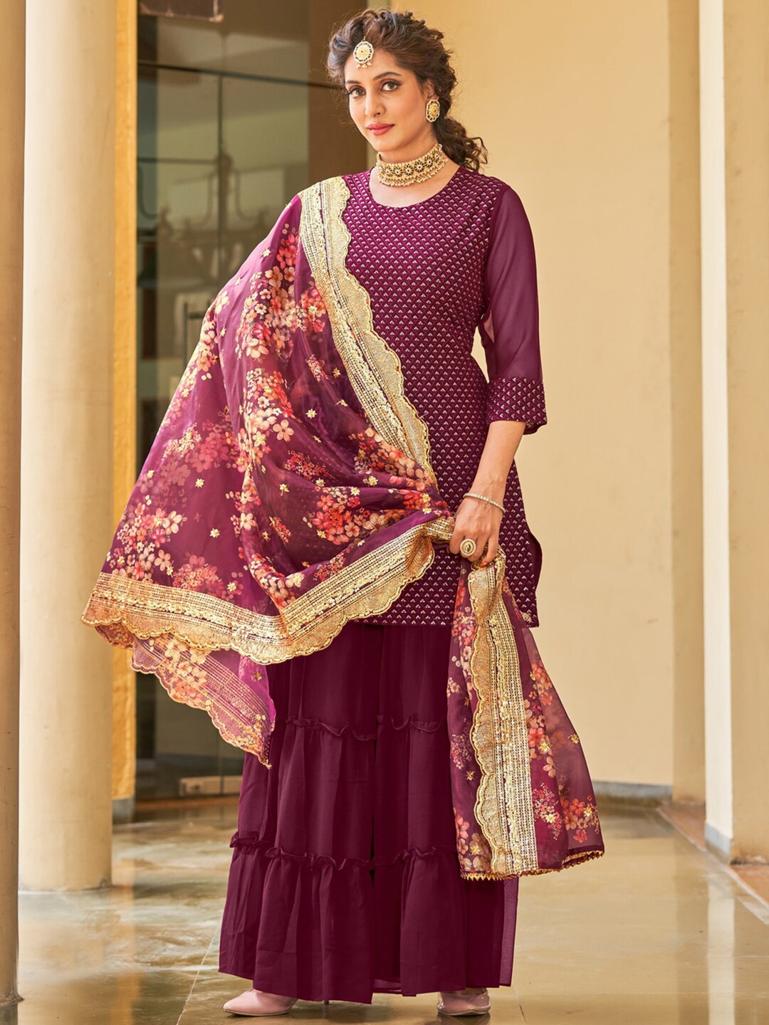 

KALINI Ethnic Motifs Embroidered Regular Kurta With Sharara & Dupatta, Burgundy