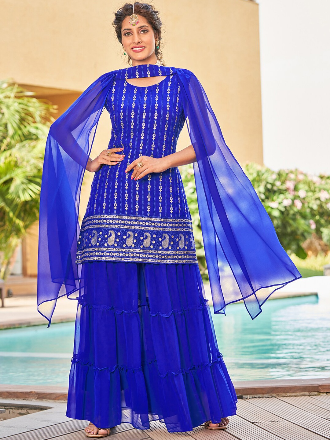 

KALINI Ethnic Motifs Embroidered Sequinned Kurta with Sharara & Dupatta, Blue