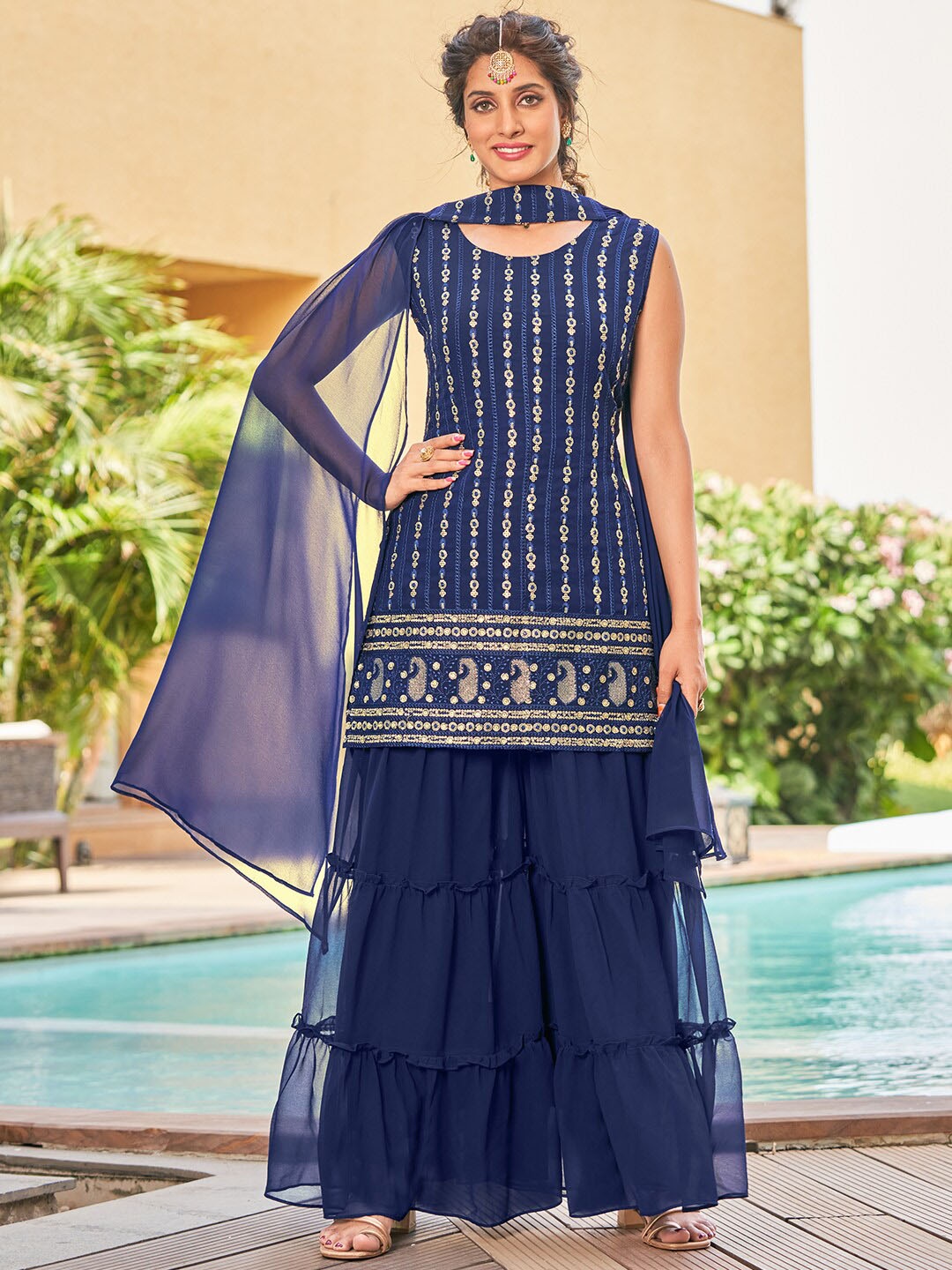 

KALINI Ethnic Motifs Embroidered Kurta With Sharara & With Dupatta, Navy blue