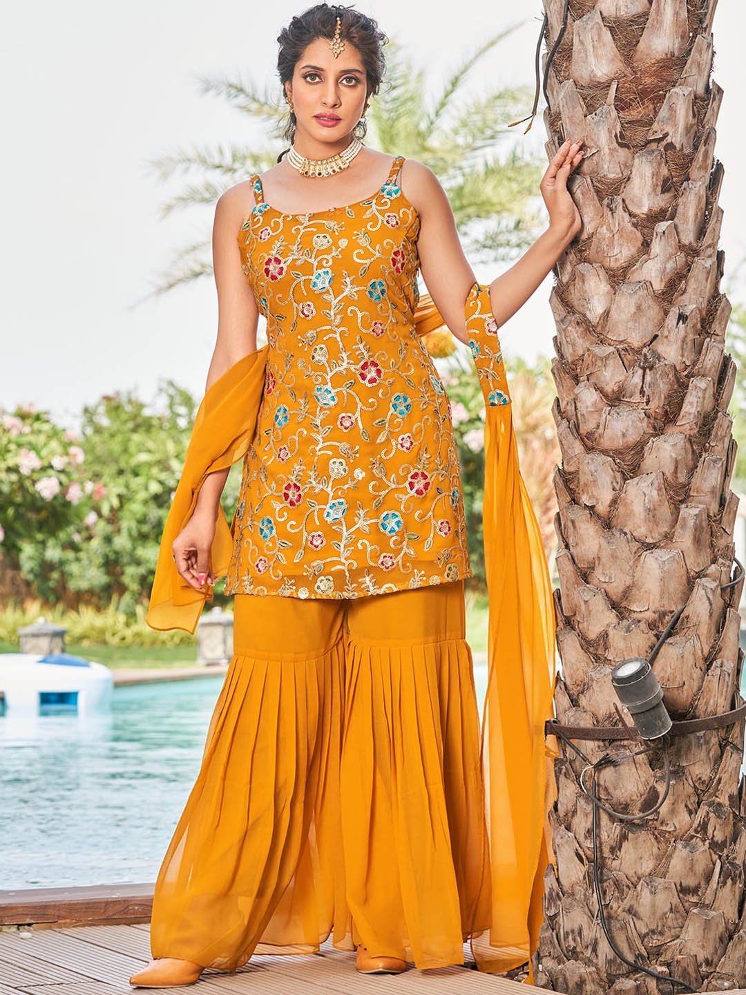 

KALINI Floral Embroidered Sequinned Kurta With Sharara & Dupatta, Mustard